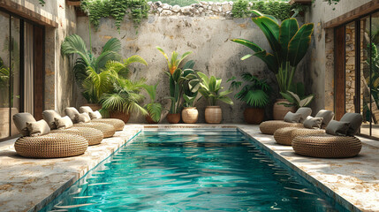 A poolside reading nook with comfortable chairs, perfect for a relaxing day by the water. - obrazy, fototapety, plakaty