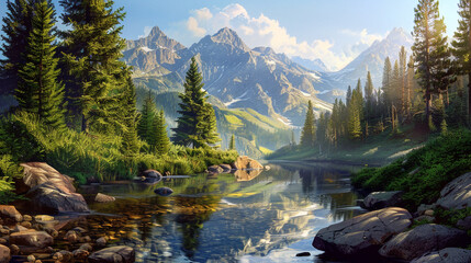 A mountain stream bordered by rocky cliffs and pine trees, with clear water reflecting the...