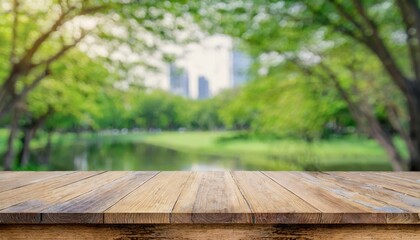 Green Haven: Wooden Table Against a Softly Blurred City Park Scene - obrazy, fototapety, plakaty