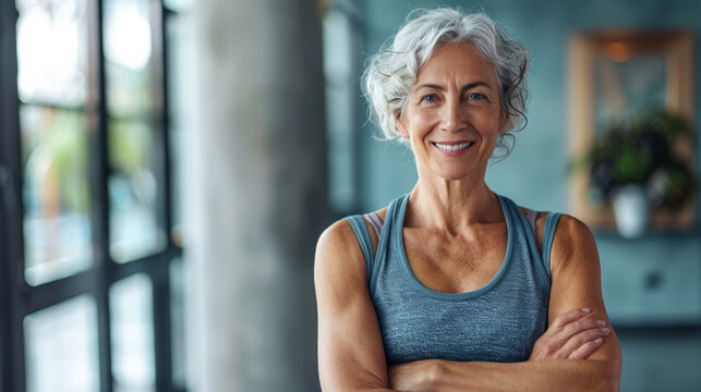 A woman is smiling and posing for a picture in a gym. She is wearing a blue tank top and has her arms crossed. Portrait of a happy senior woman posing isolated in fitness studio