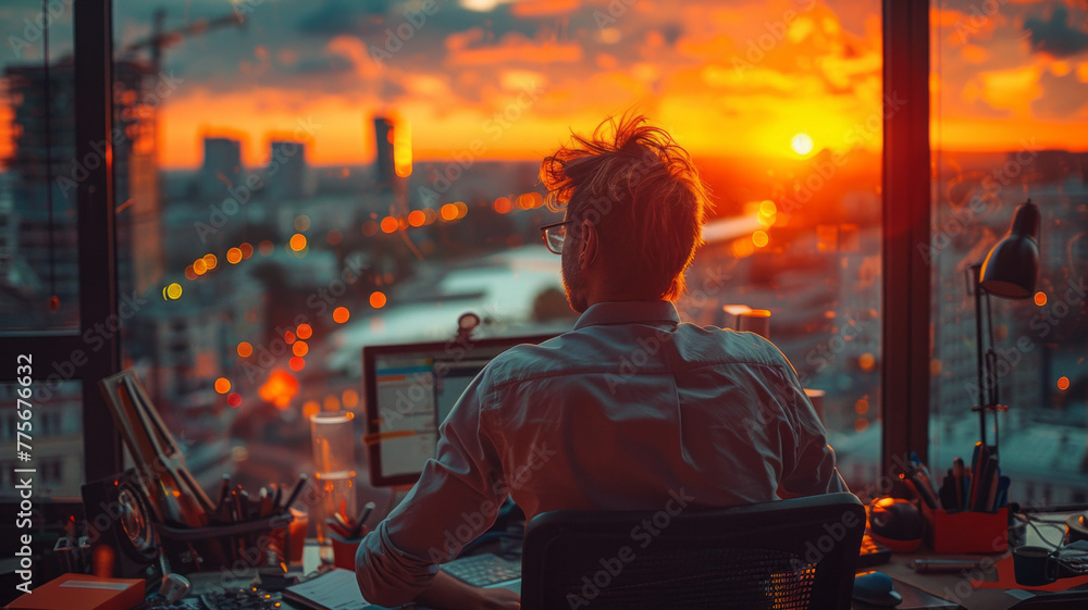 Poster a man monitoring noise pollution on a computer, daylight, construction site in the background,genera