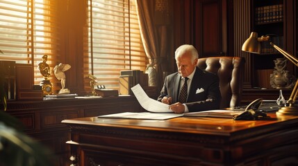 A focused executive evaluates paperwork in the prestigious setting of a wood-paneled office, reflecting professionalism and determination. AIG41