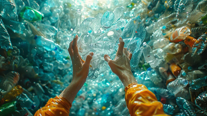 a person is reaching upwards into plastic bottle pile,generative ai