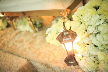 Wedding stage, interior design, flowers for decoration, brown and yellow is the main color.
