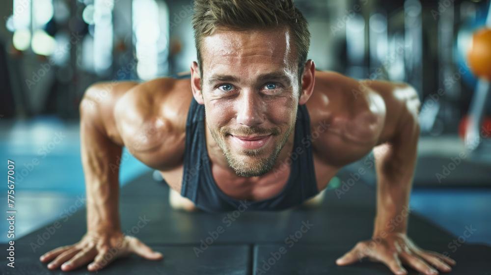 Aufkleber a man is smiling while doing a push up on a mat. he has a muscular build and is wearing a black tank