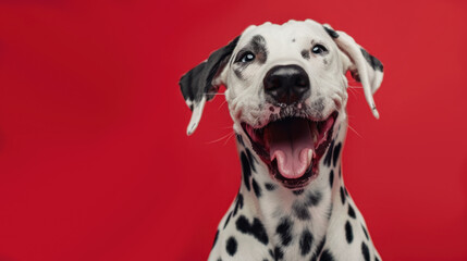 Portrait of happy dog on red background