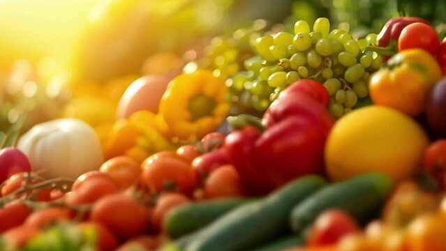 A colorful array of fruits and vegetables on display warmed by the light of the setting sun.
