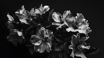 a black and white photo of a bunch of flowers with leaves on the bottom of the picture and the bottom of the picture on the bottom of the picture with a black background.