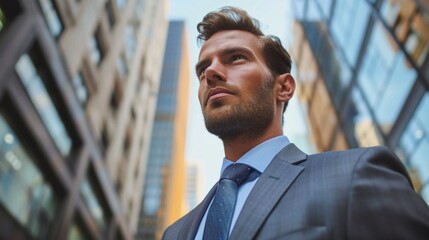 Portrait of an handsome businessman with skyscrapers on background