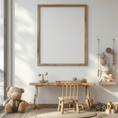  A photo of large wood picture frame on wall, white walls with one wooden desk and chair in front