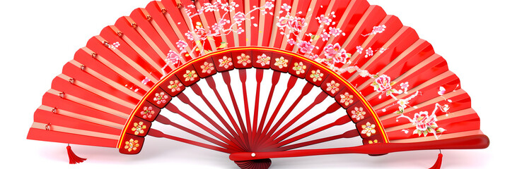 Traditional Red  Fans in New Year Celebrations Isolated on white Background.