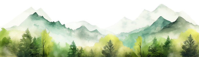 Watercolor mountains spruce trees landscape forest border, isolated hand drawn, watercolor illustration transparent background, Generative ai