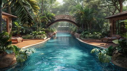 A bridge that crosses a swimming pool and gives the scene a touch of elegance.
