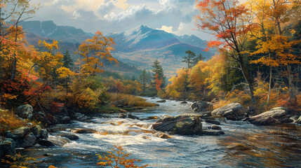 A charming stream winding through a valley, surrounded by far-off mountains and vibrant fall colors. - Powered by Adobe