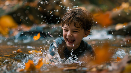 A boy joyfully splashing water in a stream, with colorful autumn leaves floating on the water's surface. - obrazy, fototapety, plakaty