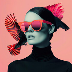 Fashion portrait of a beautiful woman with red sunglasses and feathers in her hair.