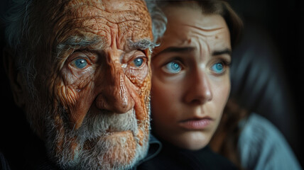 Fototapeta premium A grandfather crying, facing a woman lying on her side,generative ai