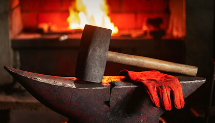 Extreme close-up of a large mallet and gloves above an iron anvil in front of a red hot burning furnace in a dark metalworking workshop or blacksmith. Generative Ai.