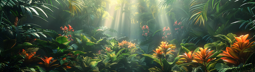 An exotic jungle setting, with lush greenery and vibrant flowers in full bloom. - obrazy, fototapety, plakaty