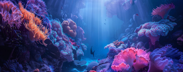 Glowing coral reefs deep under the sea. - obrazy, fototapety, plakaty