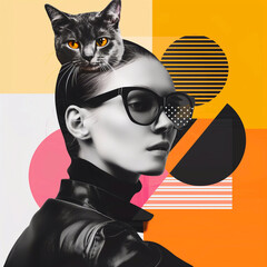 Fashion portrait of a beautiful woman with cat in sunglasses on colorful background.