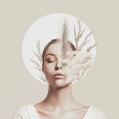 Beautiful young woman with feathers in her hair. Beauty, fashion.