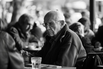 An elderly man sits at a table in a crowded café, surrounded by people, underscoring the disconnect and isolation - obrazy, fototapety, plakaty