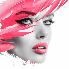 Fashion portrait of beautiful woman with pink feather in her hair.