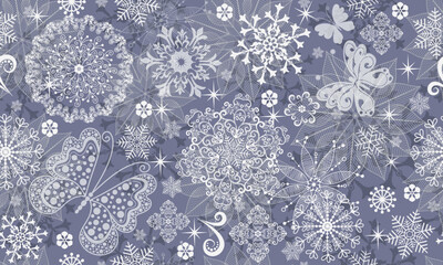 Vector seamless hand drawn silvery christmas  pattern with white butterflies and snowflakes and stars