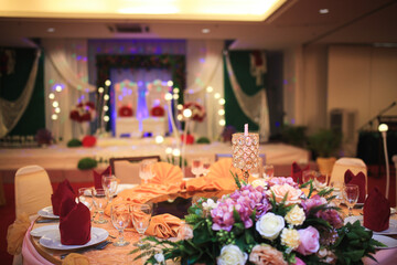 The elegant wedding reception table. Wedding table set up.
