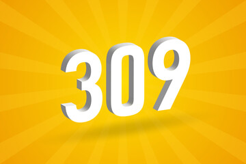 3D 309 number font alphabet. White 3D Number 309 with yellow background