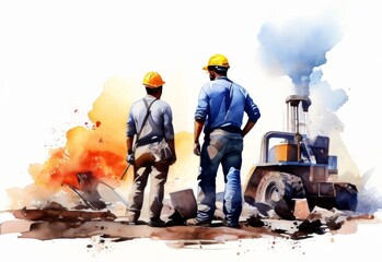  Labour Day watercolor, Group of workman in watercolor style