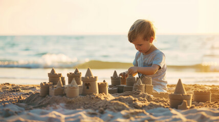 a child building intricate sandcastles on a sunny beach,generative ai