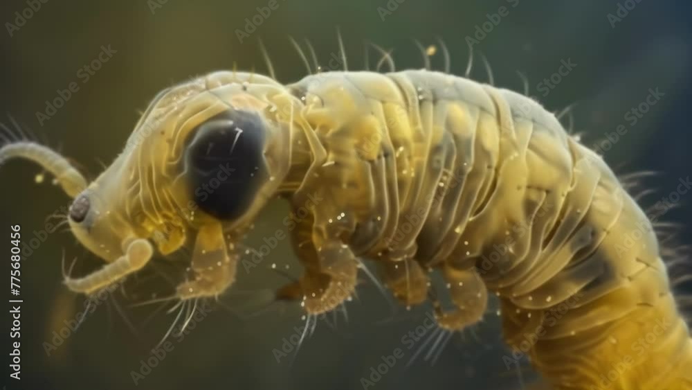 Poster a microscopic snapshot of a single larva with a bulbous head and a long thin body. the is shown in t