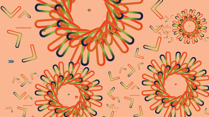 A vibrant abstract pattern featuring in red, green, and blue on a warm peach background. Scattered confetti shapes create a festive, lively mood suitable for celebration themes and modern design.