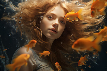 Woman underwater with gold fish. Generative AI