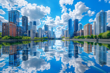 a city with a lot of tall buildings and a reflecting pool of water in the middle of the street in front of it is a blue sky with white clouds. - obrazy, fototapety, plakaty