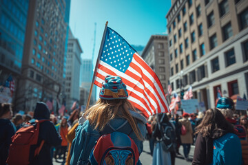 Woman holding American flag at political rally 