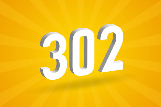 3D 302 number font alphabet. White 3D Number 302 with yellow background