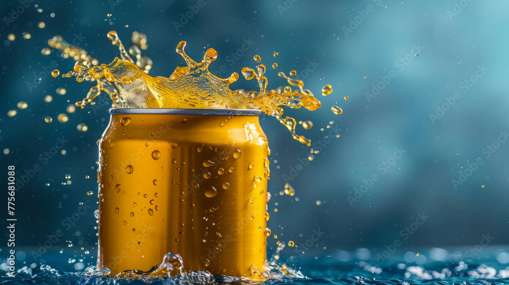 Poster a can of soda is sitting in a pool of water, with the water splashing around it. can open with water