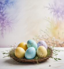 Delicate composition on an Easter theme - Easter colored eggs in a nest