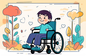 Illustration of child boy with cerebral palsy sitting in a wheelchair