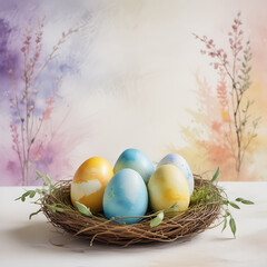 Easter decorative eggs on nest on spring watercolor background