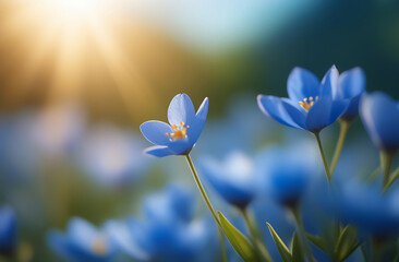 Delicate spring blue flowers in backlit sunlight with space for text