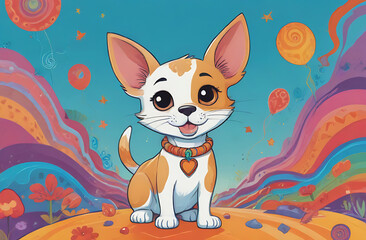 Illustration of a cute red dog on a fantasy background. Pet day concept