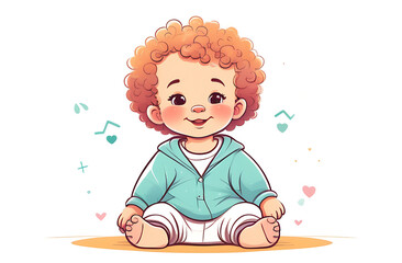 Cute curly baby 8 months old sitting in light simple clothes on a white background