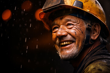 Resilient Coal Miner at Work. A smiling coal miner wearing a dirty helmet with a headlamp. His face and clothes are covered in coal dust, indicating a long day of work underground. Generative AI