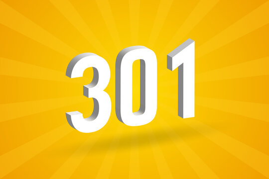 3D 301 number font alphabet. White 3D Number 301 with yellow background