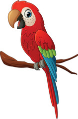 Naklejka premium Cartoon red parrot on a branch 