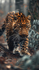 Amur leopard in the forest, capturing the moment of power and agility. Wildlife. Jungle. Safari.